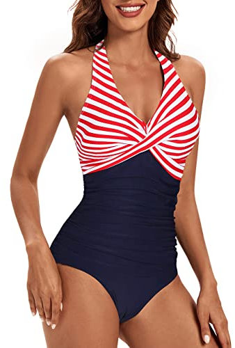 Viloree Femme Maillot de Bain 1 pièce Amincissante Slim Push Up Monokini Dos Nu Bikini Rouge a Rayures XXL