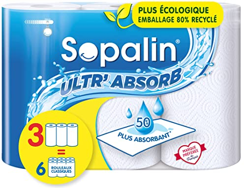 Sopalin Ultr’Absorb - 3 maxi rouleaux égal à 6 rouleaux classiques - 50% plus absorbant - Maxi rouleaux 2 fois plus longs - Demi-feuilles