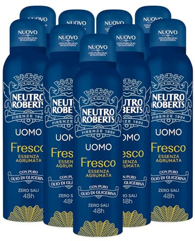 9x Neutro Roberts Uomo Deodorante Spray Fresco Zero Sali Efficace 48h Essenza Agrumata Dermotestato - 9 Flaconi da 150ml ognuno