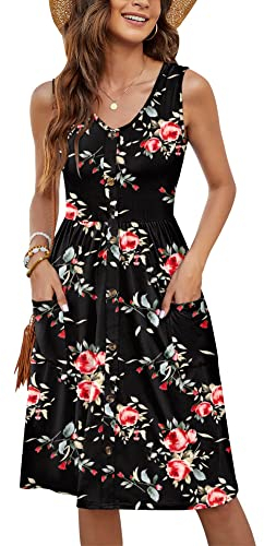 Molerani Summer Dress for Women - Sleeveless Ladies V Neck Beach Swing Button Midi Sundress with Pockets - Rose Black 16-18 L