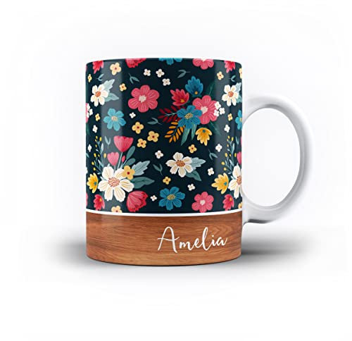 Personalised Floral & Leaf Pattern with Name on Wood Design 11oz Ceramic Mug - 4. Daisies on Teal Blue