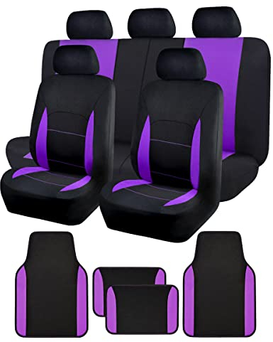 Flying Banner Universal Sitzbezug Auto Komplettset mit rutschfesten Auto-Fußmatte (Combo Set, Lila)