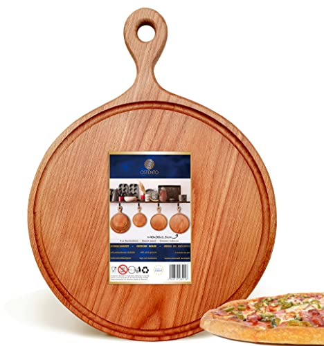 OSTENTO Planche à pizza avec poignée / assiette à pizza en bois / planche à découper avec saftrille / planche à découper ronde / planche de service ronde – Fabriqué en UE (grand diamètre 30 cm)