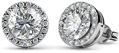 Boucles d’oreilles Stud plaqué or blanc 18K rubanette Sterling 925 avec Swarovski élément cristal étincelant boîte à bijoux pour femme homme femme mère fille hypoallergénique boucles d’oreilles rondes