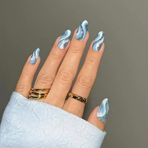 Sethexy Glitter Sparkle Almond False Nails Collection Swirl Press on Nails Abstract Fake Nail 24Pcs Acrylic Stick on Nails for Women and Girls
