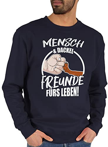 Sweater Pullover Sweatshirt Herren Damen - Geschenk für Hundebesitzer - Mensch & Dackel Freunde fürs Leben - XL - Dunkelblau - mit hundemotiv hundefan hundepfoten hundefans hund dog haustierhoodie