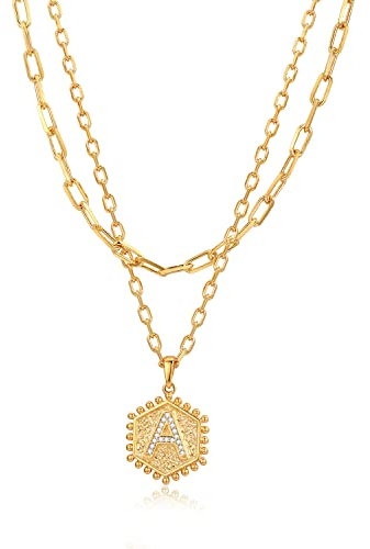 ASGEMSFJ Goldene Initialen-Halsketten für Damen, 14 Karat vergoldet, geschichtete Choker-Halskette, zierliche Buchstaben-Halskette, personalisierbar, trendiger Goldschmuck, mittelgroß, gelbvergoldetes