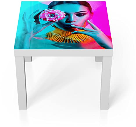 DEQORI Glastisch | weiß klein 55x55 cm | Motiv Trendiges Frauenporträt | ausgefallener Beistelltisch aus Glas | Hochglanz Couchtisch fürs Wohnzimmer | moderner Couch Tisch mit Design