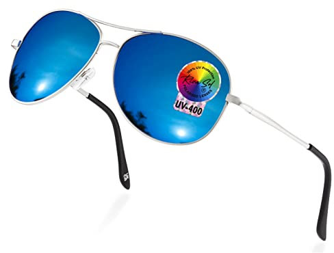 RivaSol Polarised Sunglasses Mens Womens Unisex Silver Frame Blue Mirror Lens Tint UV400 with Faux Leather Case Ideal for Beach Holidays Festivals Driving and Sport