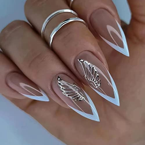 JUSTOTRY 24 Pcs Stiletto False Nails Medium with Butterfly,White French Press on Nails Pattern,Point Fake Nails Short,Almond Stick on Nail for Women Nail Art