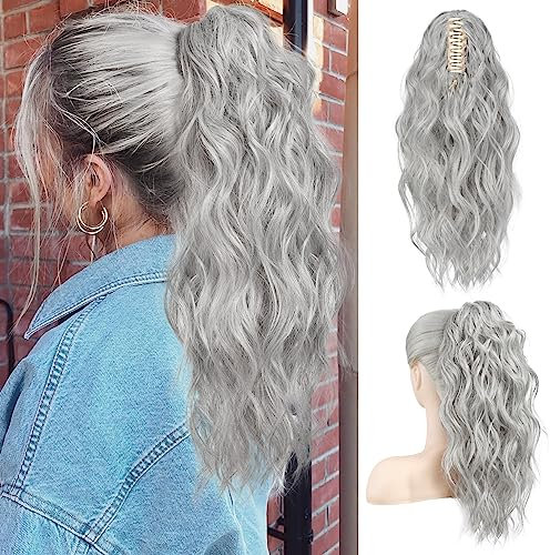 FLUFYMOOZ Ponytail Extension Pferdeschwanzverlängerung, 46 cm Klauenclip Pferdeschwanzverlängerung, gewellte lockige Klauenclip in Pferdeschwanz Haarverlängerungen (Grau/Silber/Weiß gemischt)