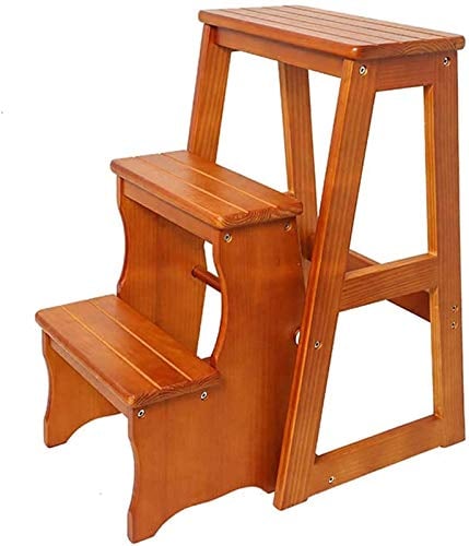 KAZUP Tragbarer Tritthocker, 3-Stufen-Klapphocker/Leiter/Haus-Holzstuhl, Sicherheits-Treppenhocker, Sitze, hoch, erweitertes Gartengerät, Höhe 64 cm, max. 150 kg (Farbe: Braun) (Farbe: Braun) (Wo