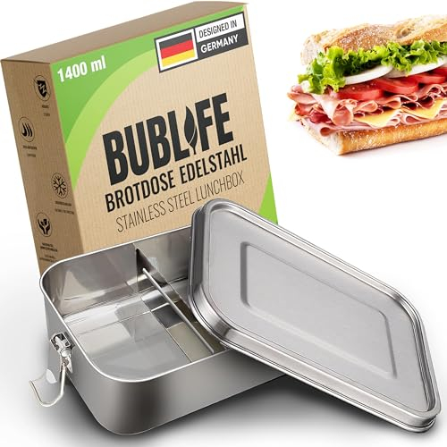 Bublife Fiambrera de 1400 ml, fiambrera para niños con compartimentos, caja bento para niños, fiambrera para adultos, caja de acero inoxidable con compartimentos, fiambrera para adultos