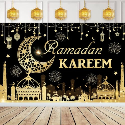 XINDY Ramadan Dekoration Schwarz Gold Extra Große Ramadan Kareem Hintergrund Banner Ramadan Banner Ramadan Mubarak Dekoration Stoff Schild Poster für Muslim Islamische Party Ramadan Deko, 180x110CM