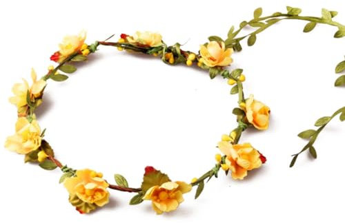 Rockreyoa Blumenkranz Verstellbar Damen Haarband Blumen Haare Blumenkrone Boho Stirnband Kopfschmuck mit grünem Blattband für Frauen Hochzeit Party Festival Zeremonie Fotografie-Requisiten Gelb