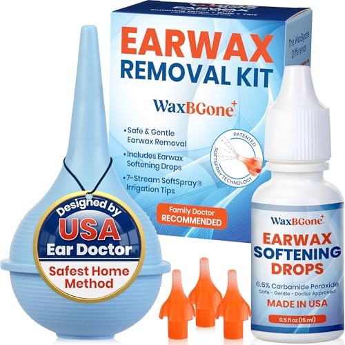 WaxBGone® Ear Bulb Syringe Kit – Ear Syringe for Removing Ear Wax, Includes Bulb Syringe & SoftSpray® Irrigation Tips for Safe, Gentle Cleaning, Ideal for Adults, Kids & Infants