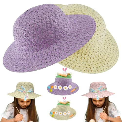 2x Happy Easter Bonnet Hats - Yellow and Lilac - Natural Straw Wide Brim Hats for Unisex Kids - Perfect for Easter Crafts and Summer Sun Protection - Size 52cm