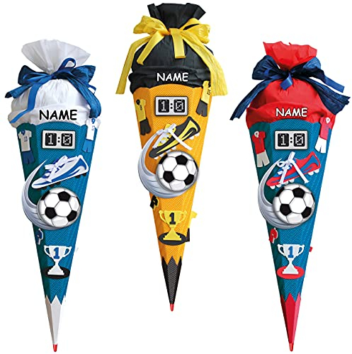 mit Sound & Geräusch ! 85 cm - incl. Namen - mit Holzspitze - Zuckertüte Roth - ALLE Größen - 6 eckig Fußballer Fussball Sport Jungen Weiß Blau