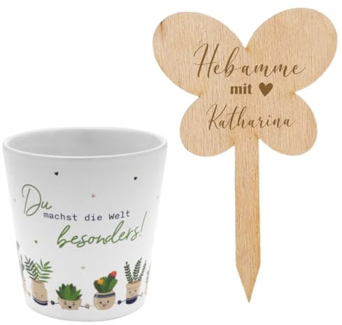 AWASG Geschenk Set Blumenübertopf mit Blumenstecker - Personalisierter Pflanzenstecker Holz mit Gravur - Blumentopf für Hebamme als Dankeschön