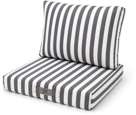 deco arts Sitzkissen Outdoor mit abnehmbarem Bezug – 2er Set für Gartenmöbel und Gartensessel – Sitz 50x50x8 cm + Rücken 50x35x15 cm – Dunkelgrau Gestreift