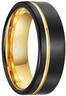 SOXEMAN | Offset-Nutband, 8 mm breiter schwarzer gebürsteter Wolfram-Hochzeitsring (US-Größen) | Schwarz & Gold | US-Größe 9 (59,4 mm)