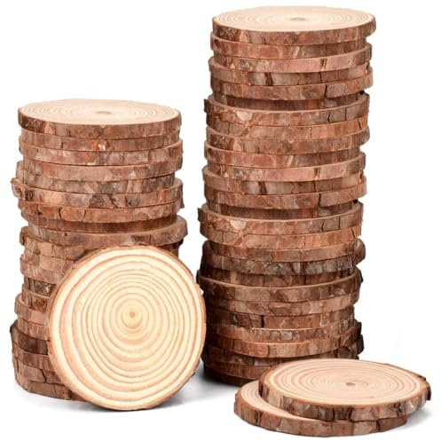 PHILORN 50 PCS Natural Wood Slices 6-7cm Log Slices Unfinished Non-drilled Wooden Discs for Crafts, Wooden Circles Premium Pine Tree Slices with Bark for DIY Arts Ornaments