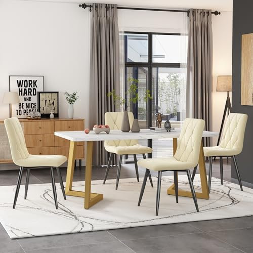 BXEYXE Essgruppe,(Set,117×68cm Esstisch mit 4 Stühlen), Rechteckiger Esstisch Moderner Küchentisch Set,Esszimmerstuhl Beige Twill Samt Küchenstuhl,Golden Tischbeine