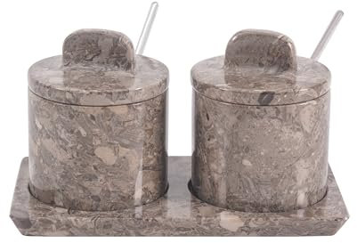Marble Salt Cellar with Lid and tray 4 Inch Oceanic Handmade Salt Container, Set of 2 Seasoning Jars, Spice Storage Container for Kitchen countertop, spice jars Sugar bowl
