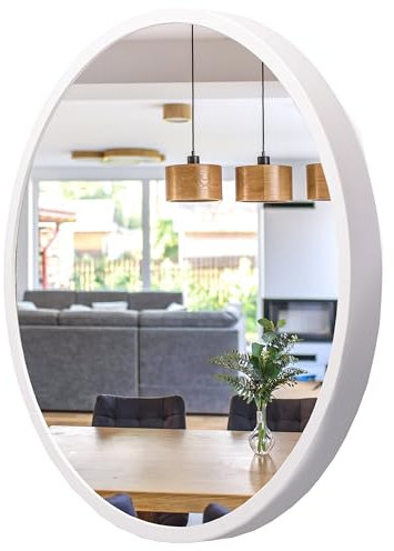 STOLARNIA PIKA Wandspiegel mit Holzrahmen (∅57 cm) - Spiegel Rund Holz Weiß - Runder Bad Spiegel für Badezimmer, Flur, Wohnzimmer, Schlafzimmer - Stilvoller 60 cm Badspiegel LEJA