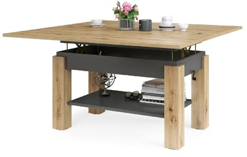 designimpex Design Couchtisch Tisch Arbeitstisch Brawo höhenverstelbar aufklappbar, Farbe:Eiche Artisan - Anthrazit matt