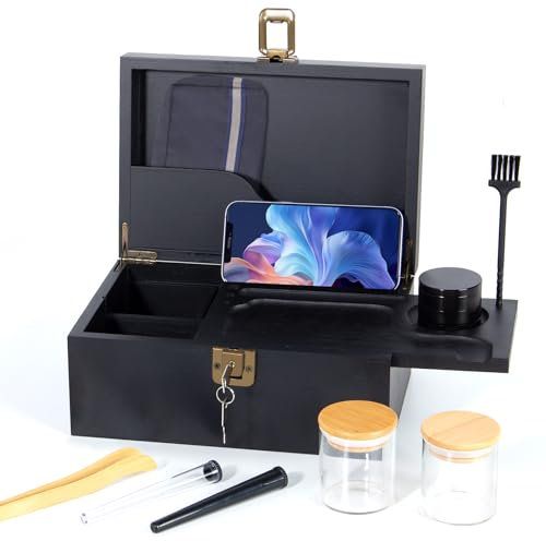 Todeco Grande boîte en bambou avec serrure, Boîte de rangement avec Grinder, bocaux en verre, Plateau amovible et outil d'accessoire, Boîte décorative pour la maison Boîte de Séparateurs de Rangement