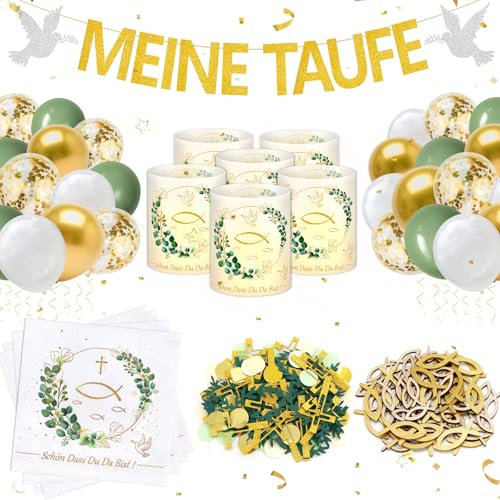 YSUVIN Taufe Deko, 219 Stück Junge Mädchen Deko Taufe, Meine Taufe Girlande, Luftballons, Servietten, Windlicht Tischdeko, Holz Fische Deko, Konfetti Deko