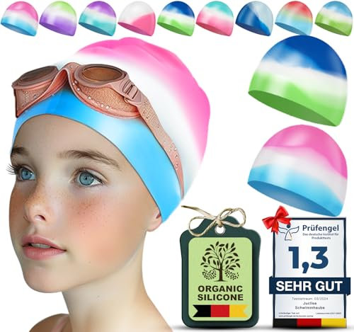 Juclise Gorro de Natación de Silicona para Niños, Impermeable (Rosa-Azul y Azul-Verde, Edad 3-8)