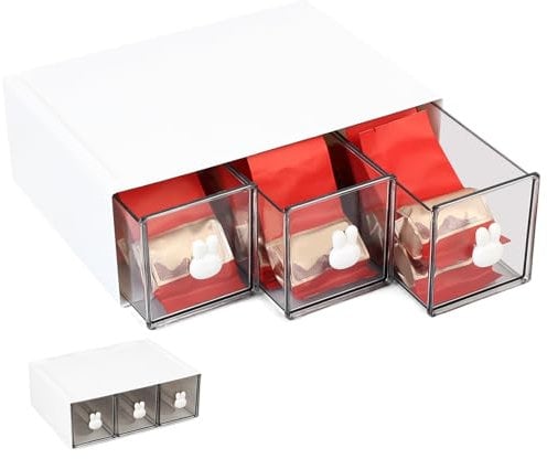 SiGuLiKeJi Tea Storage Boxes, Tea Box Organiser, Tea Bag Storage Organiser with 3 Drawers, Plastic Tea Chest for Tea Bags Coffee Pods Sugar Teabag Storage Kitchen Organisers