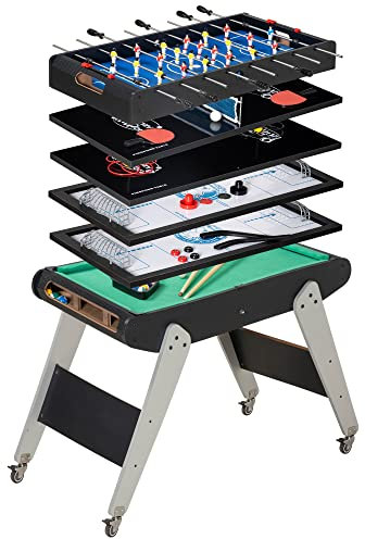 HOMCOM 6 en 1 Mesa Multijuegos para Niños de 7+ Años con Ruedas Mesa de Billar Ping Pong Futbolín Aro de Lanzamiento Hockey sobre Hielo Aire Hockey para Hogar Familia 120x88x79 cm Negro y Gris