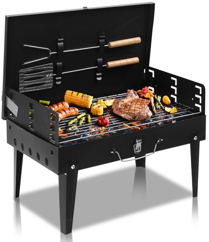 Outopee Portable Charcoal BBQ Grill with Tool Hook, 44×27×22 cm | Foldable Barbecue Grill, Stainless Steel Charcoal Barbecues for Outdoor Camping, Picnic, Garden Party, Travel