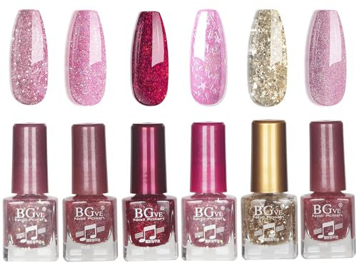 Glitter Nail Polish Set - Nail Varnish Set - Quick Dry Flash Shinny Pink Series Nail Polish - Long Lasting Chip Resistant Nail Varnish Gift Set - No Need Cure Nail Paint for DIY Nail Art