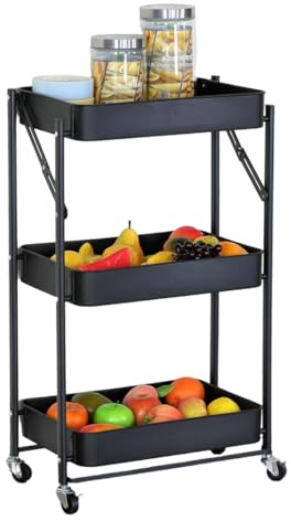CELINO making your day 3 Tier Storage Cart Metal Kitchen Trolley with Wheels Easy Assemble Mobile Storage Rolling Utility Cart Shelving Units Bathroom Laundry Room,Black 46x29x79 cm