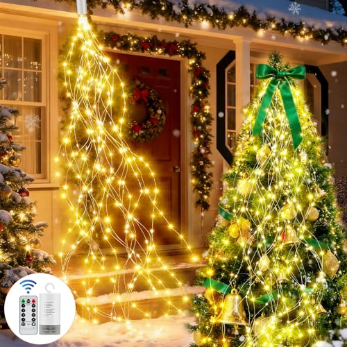 MTINRNI Wasserfall Lichterkette 2M 200,mit Timer & Fernbedienung,8 Modi,Wasserdichter Lichterschweif Lichterstrang,Weihnachtsbeleuchtung für Baum Gießkanne Garten Pflanzen Balkon Innen Außen-Warmweiß