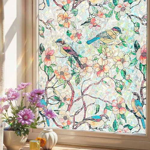 ADD.HERES Stained Glass Window Film, Flower and Bird Paradise 44X200CM | Decorative Window Privacy Film UV Blocking Static Cling No Glue Rental Friendly for Home Kitchen Office