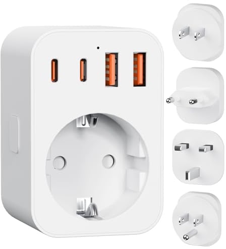 Universal Reiseadapter Weltweit mit 2*USB-C und 2*USB-A, 4 Abnehmbare Steckdosenadapter für UK/USA/EU/Japan/China usw, Breite Kompatibilität, Perfekt für Weltreisende und Geschäftsreisende