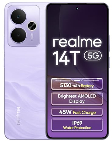realme 14T 5G Smartphone 8GB+256GB, Purple | Batteria 5130mAh, Display 6,67 pollici, frequenza 120Hz, Fotocamera AI 50MP, Processore MediaTek Dimensity 6300, IP69