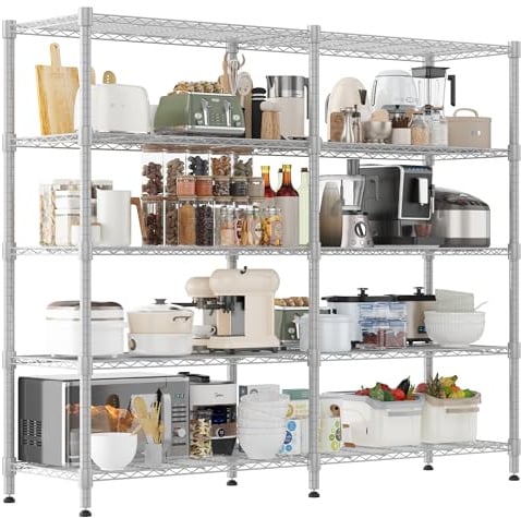 Himimi 5-stöckiges Metallregal zur Aufbewahrung, verstellbares Drahtregal, Schwerlastregal mit Nivellierfüßen, Lagerregal für Schlafzimmer, Wohnzimmer, Küche, Garage, 180 x 45 x 183 cm, Silber