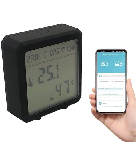 Automat-on Zigbee Temperatursensor mit Luftfeuchtigkeitsmesser Innen | Temperatur und Luftfeuchtigkeitsmesser | Zigbee Thermometer Kompatibel mit Alexa, Google Home (Schwarz)