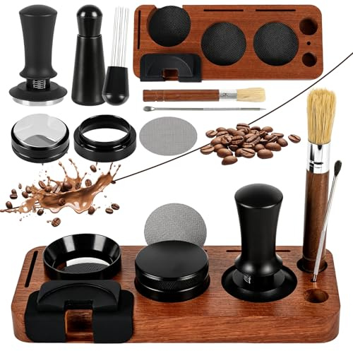 Espresso Tamper Set 51mm, 8-Teiliges Espresso Zubehör mit Tamper, Distributor, Kaffee Dosierring, WDT Tool, Puck Screen, Tamperstation aus Holz, Reinigungsbürste & Latte Art Pen, Barista Zubehör