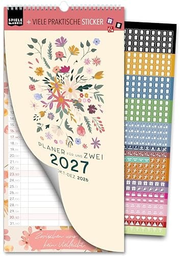 Spielefabrik® Paarplaner 2027 3 Spalten Paarkalender 16 x 32,5 cm GARTENLIEBE Blumenkalender Planer für Zwei mit Sprüchen im Blüten Design Paarplaner mit Pflanztipps Wandkalender 2 Personen