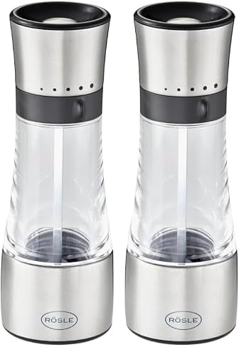 RÖSLE Gewürzmühle, Hochwertige Salz-/Pfeffermühle mit verstellbaren Mahlstufen für trockene Gewürze, einfaches Nachfüllen, Edelstahl 18/10, Silberfarben, Schwarz, Transparent (Packung mit 2)