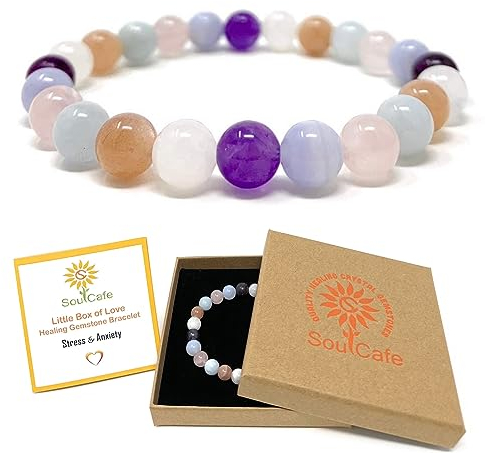 Soulcafe Stress & Anxiety Bracelet – Crystal Bead Stretch Bracelet for Calm & Relaxation, Handmade Gemstone Jewellery for Holistic Wellness, Gift Box & Crystal Information Card - Sizes XS/S/M/L/XL