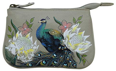 Anuschka Münzbörse aus handbemaltem Leder, mittelgroß, mit Reißverschluss und Schlüsselringen - Regal Peacock