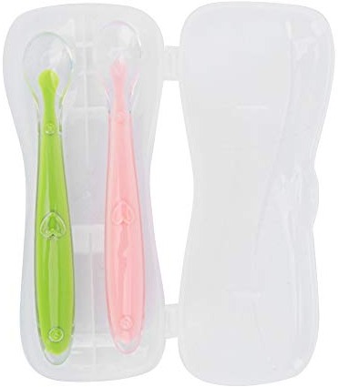 Cuillères pour bébé, 2 pièces/ensemble première étape en silicone à pointe souple cuillères pour bébé formation alimentation grand coffret cadeau avec boîte pour bébés de plus de 4 mois(Vert et rose)